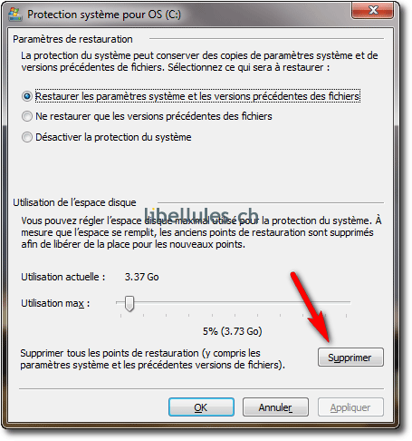 Suppression des points de restauration sous Windows 7