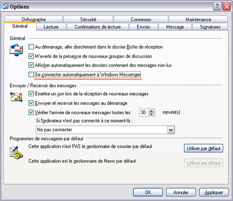 Comment désactiver Messenger à l'ouverture d'Outlook Express