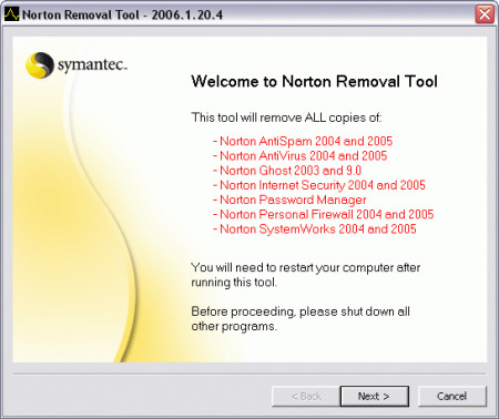 SymNRT, désinstallation des produits Norton