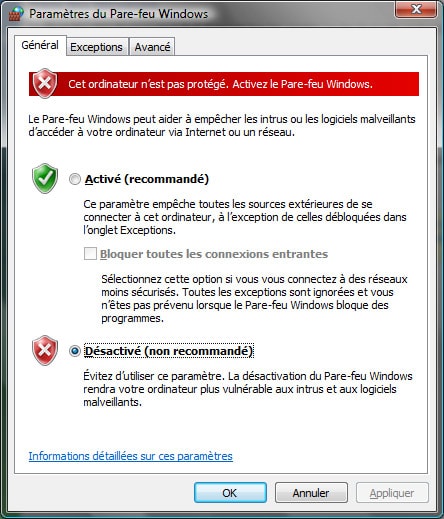 Le pare-feu de Windows Vista