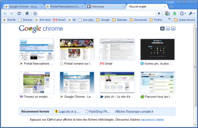 Chrome - miniatures des pages les plus visitées