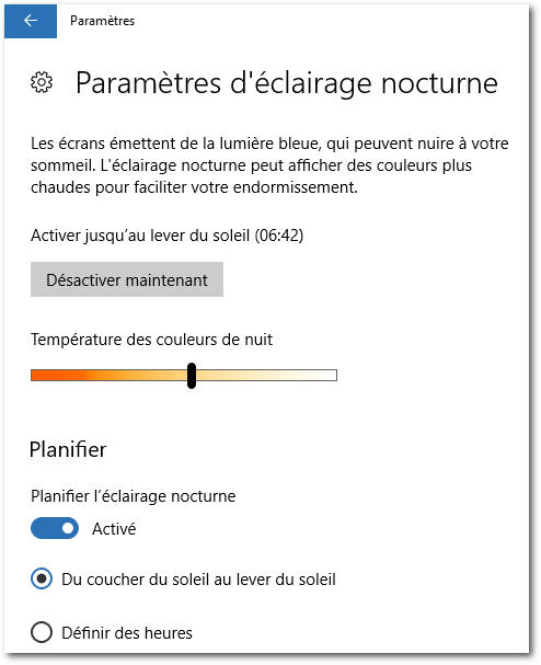 Windows 10 - Éclairage nocturne