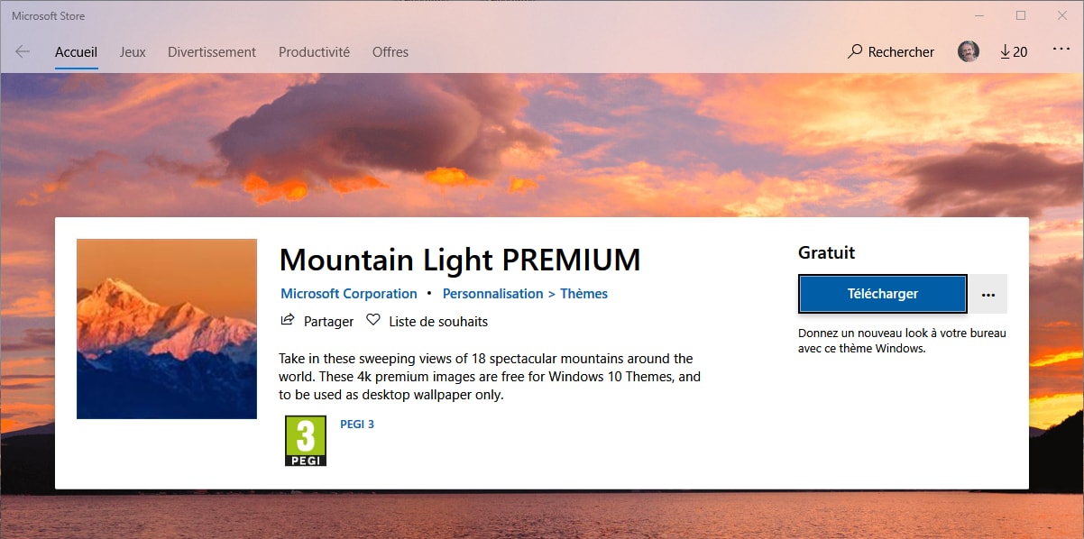 Thème pour Windows 10 - Mountain Light Premium