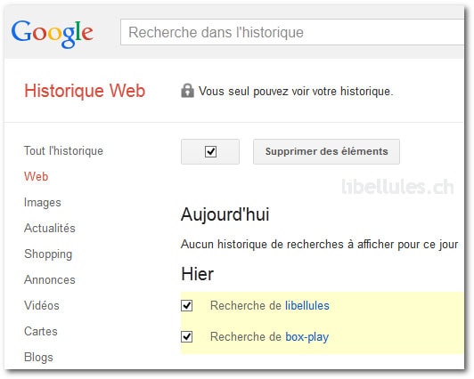 Suppression, gestion de vos recherches sur Google