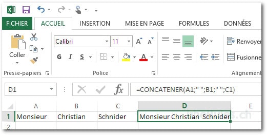 Combiner plusieurs colonnes Excel en utilisant la fonction CONCATENER