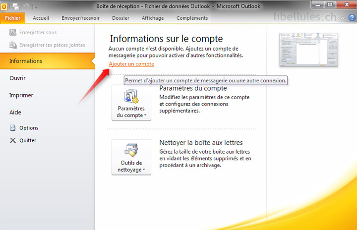 Outlook 2010 - Installer un compte e-mail